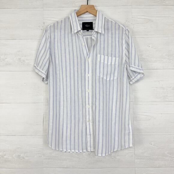 Rails Mens Carson Button Up Shirt Size M Striped White Linen Blend Short Sleeve - Picture 1 of 14